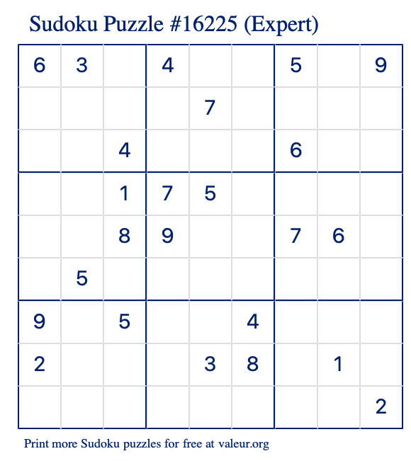 Free Printable Expert Sudoku Puzzle number 16225