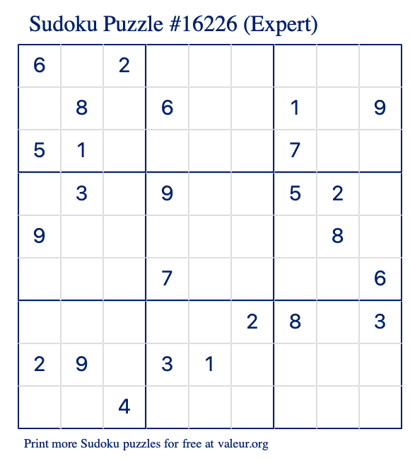 Free Printable Expert Sudoku Puzzle number 16226