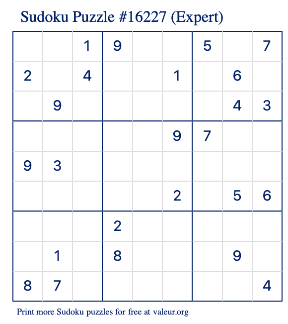 Free Printable Expert Sudoku Puzzle number 16227