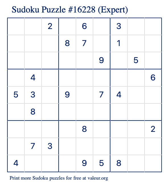 Free Printable Expert Sudoku Puzzle number 16228