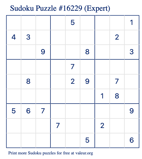 Free Printable Expert Sudoku Puzzle number 16229