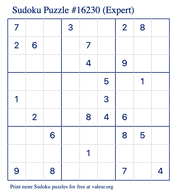 Free Printable Expert Sudoku Puzzle number 16230