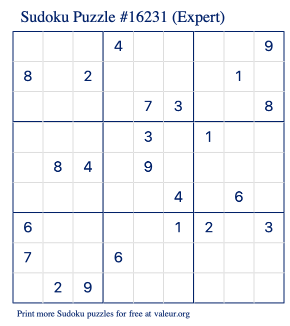 Free Printable Expert Sudoku Puzzle number 16231