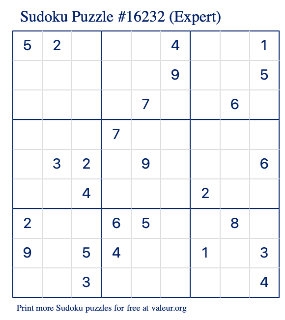 Free Printable Expert Sudoku Puzzle number 16232