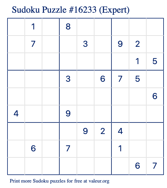 Free Printable Expert Sudoku Puzzle number 16233