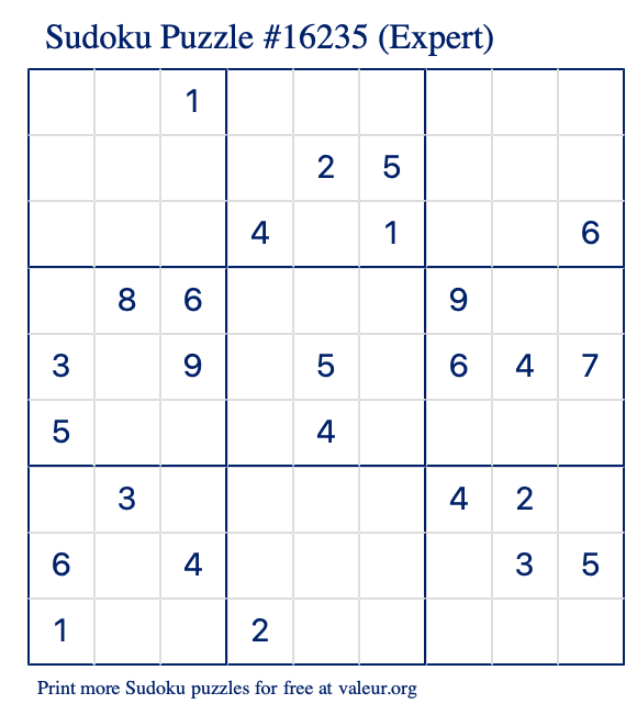 Free Printable Expert Sudoku Puzzle number 16235