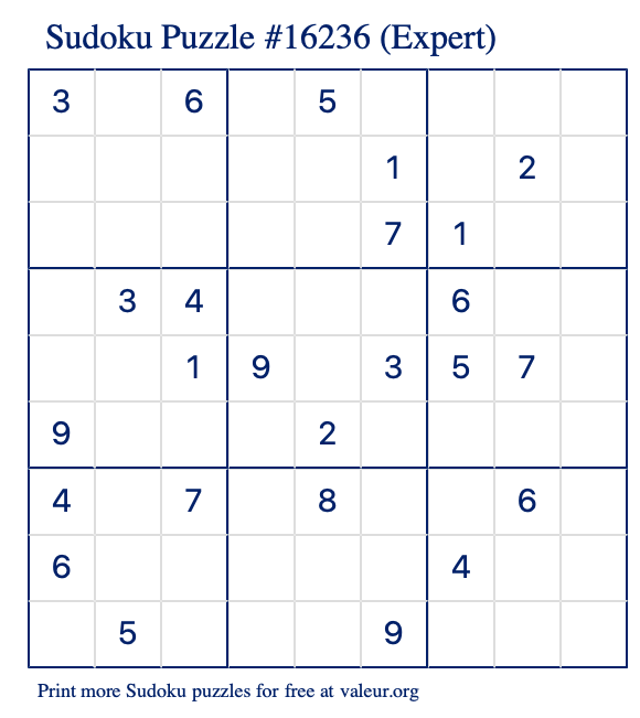 Free Printable Expert Sudoku Puzzle number 16236