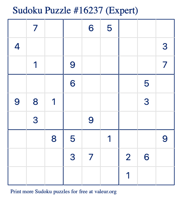 Free Printable Expert Sudoku Puzzle number 16237