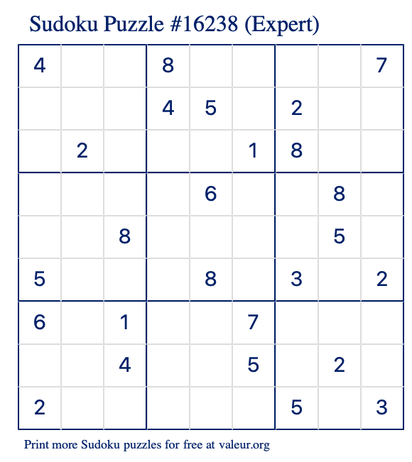 Free Printable Expert Sudoku Puzzle number 16238