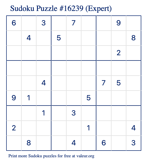 Free Printable Expert Sudoku Puzzle number 16239