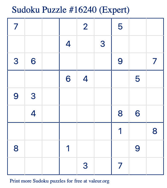 Free Printable Expert Sudoku Puzzle number 16240