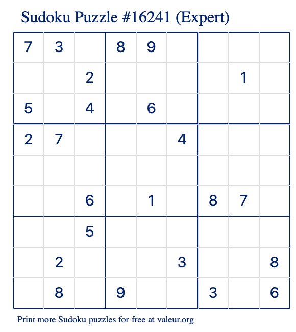 Free Printable Expert Sudoku Puzzle number 16241