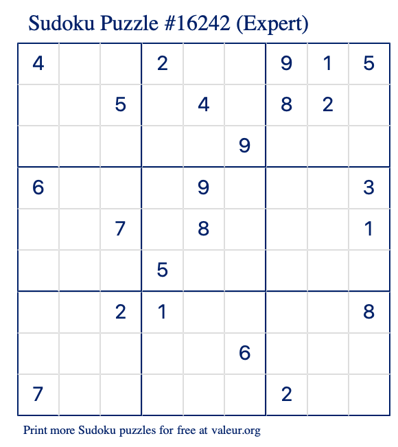 Free Printable Expert Sudoku Puzzle number 16242