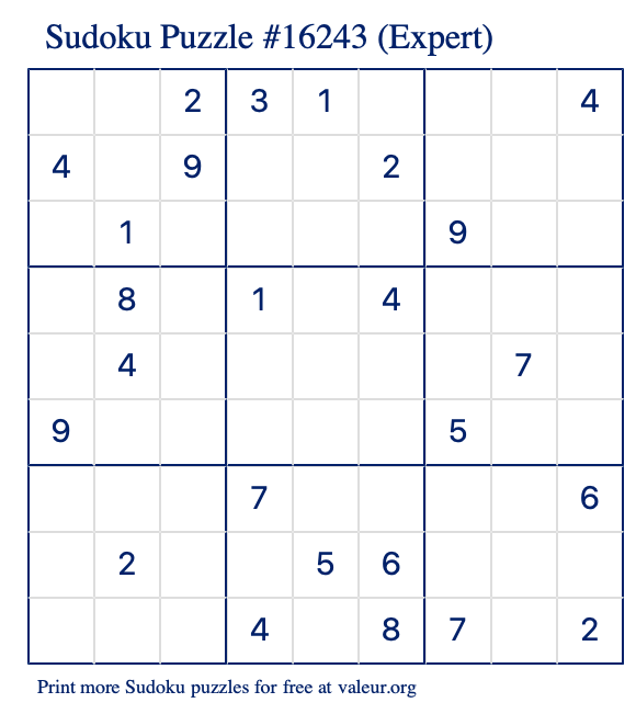 Free Printable Expert Sudoku Puzzle number 16243