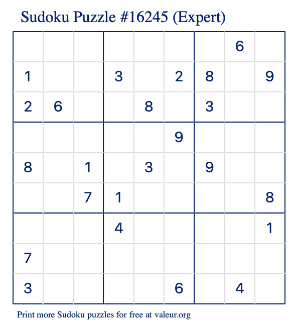 Free Printable Expert Sudoku Puzzle number 16245