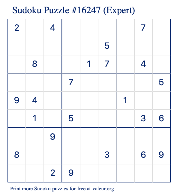 Free Printable Expert Sudoku Puzzle number 16247