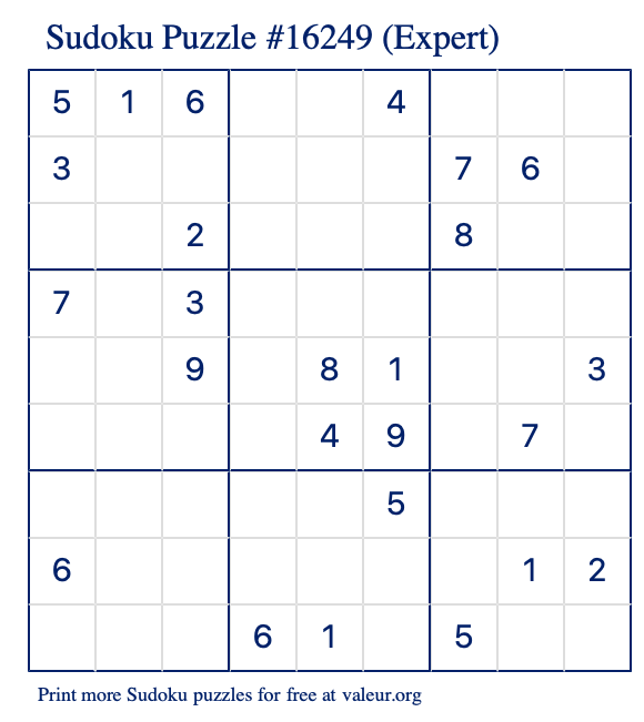 Free Printable Expert Sudoku Puzzle number 16249