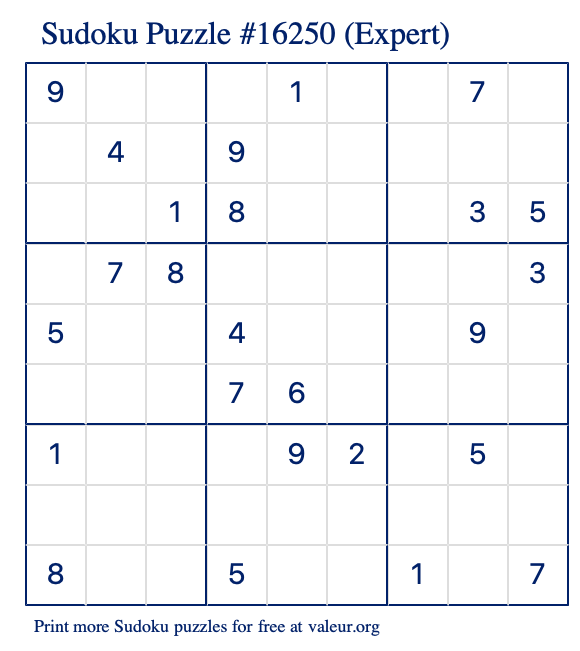 Free Printable Expert Sudoku Puzzle number 16250