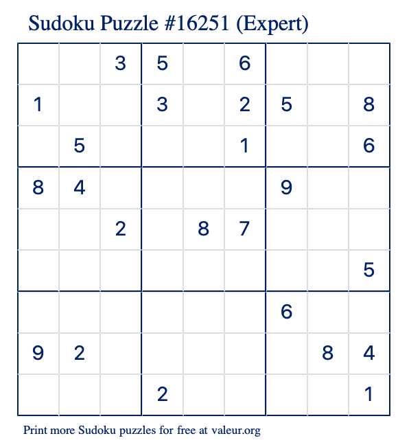 Free Printable Expert Sudoku Puzzle number 16251