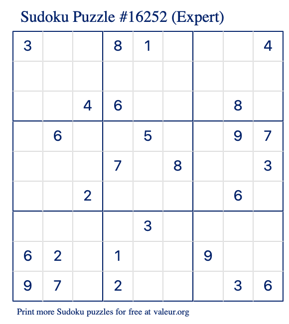 Free Printable Expert Sudoku Puzzle number 16252