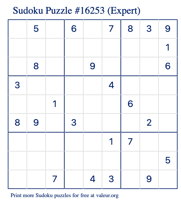 Free Printable Expert Sudoku Puzzle number 16253