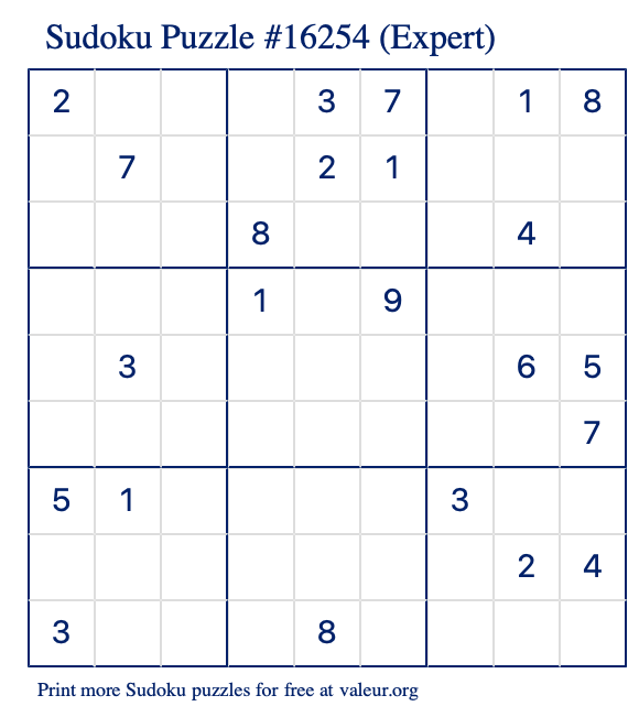 Free Printable Expert Sudoku Puzzle number 16254