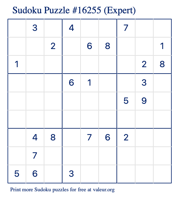 Free Printable Expert Sudoku Puzzle number 16255