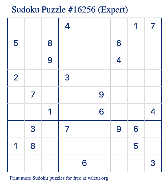 Free Printable Expert Sudoku Puzzle number 16256