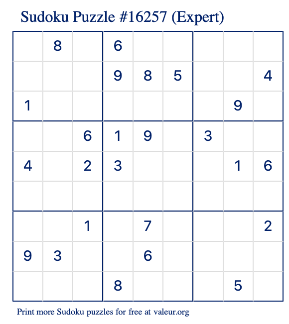 Free Printable Expert Sudoku Puzzle number 16257