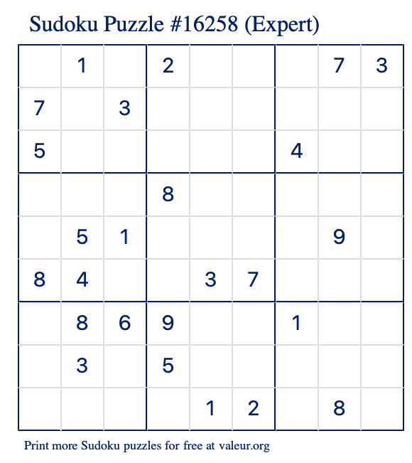 Free Printable Expert Sudoku Puzzle number 16258