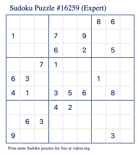 Free Printable Expert Sudoku Puzzle number 16259