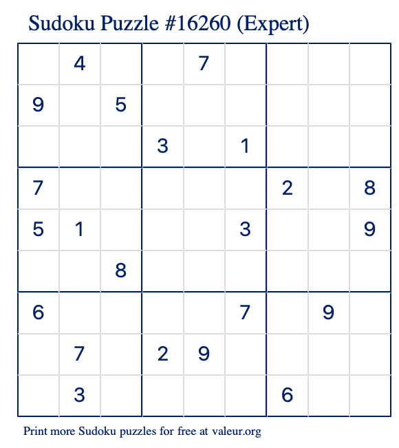 Free Printable Expert Sudoku Puzzle number 16260