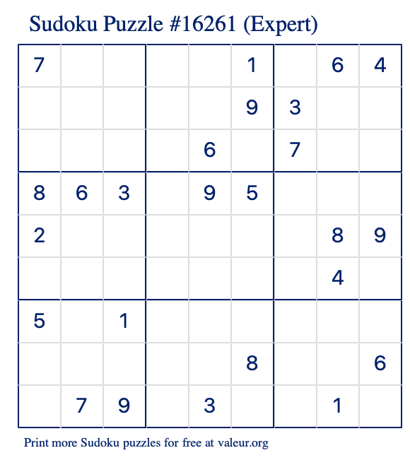 Free Printable Expert Sudoku Puzzle number 16261