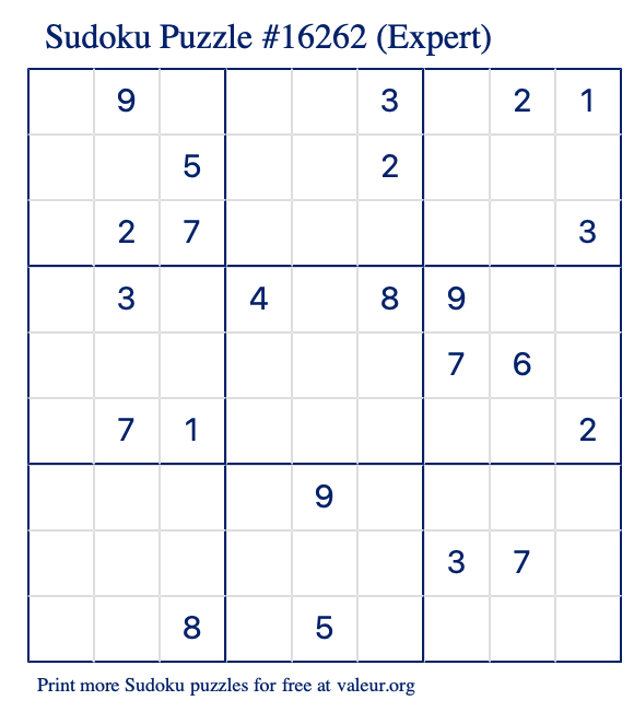 Free Printable Expert Sudoku Puzzle number 16262