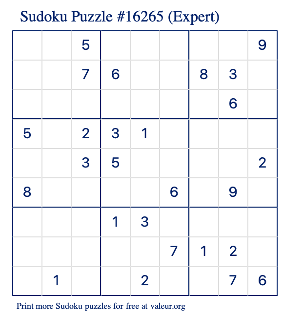 Free Printable Expert Sudoku Puzzle number 16265