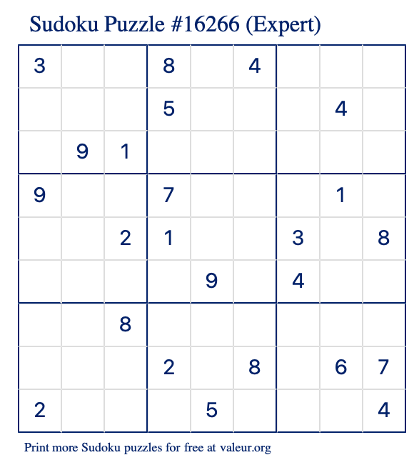Free Printable Expert Sudoku Puzzle number 16266
