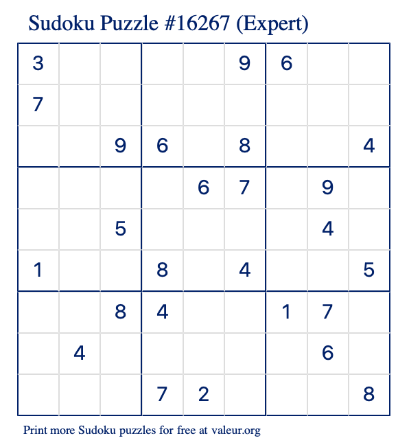 Free Printable Expert Sudoku Puzzle number 16267