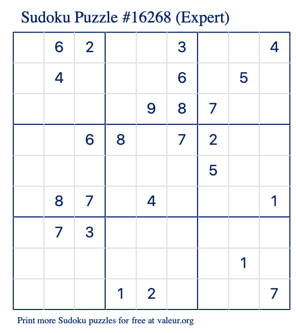 Free Printable Expert Sudoku Puzzle number 16268