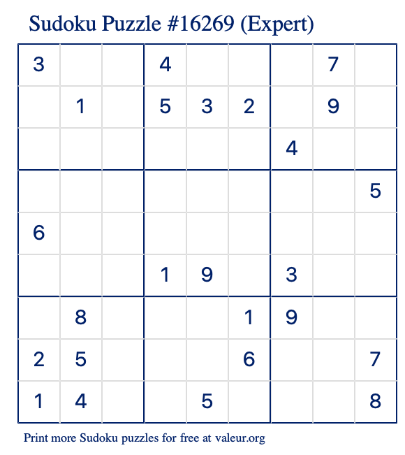 Free Printable Expert Sudoku Puzzle number 16269