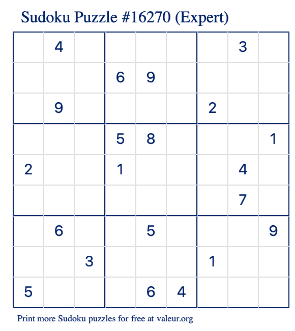 Free Printable Expert Sudoku Puzzle number 16270
