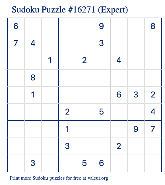 Free Printable Expert Sudoku Puzzle number 16271