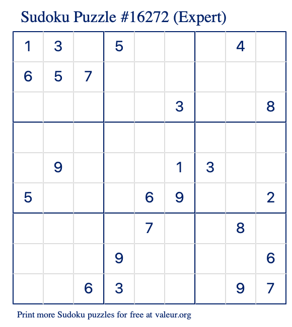 Free Printable Expert Sudoku Puzzle number 16272