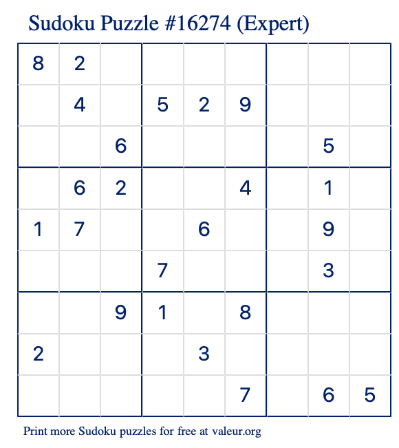 Free Printable Expert Sudoku Puzzle number 16274