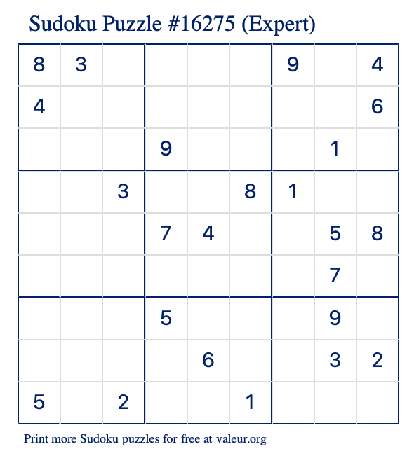 Free Printable Expert Sudoku Puzzle number 16275