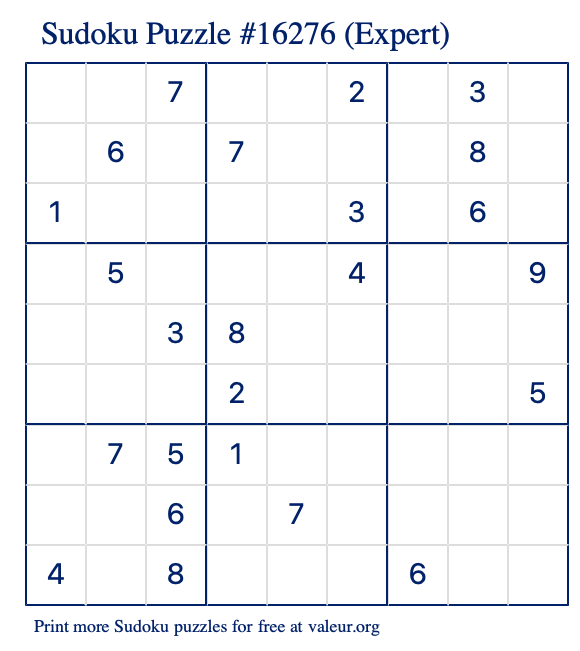Free Printable Expert Sudoku Puzzle number 16276