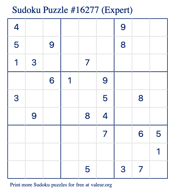 Free Printable Expert Sudoku Puzzle number 16277