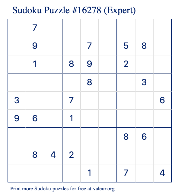 Free Printable Expert Sudoku Puzzle number 16278