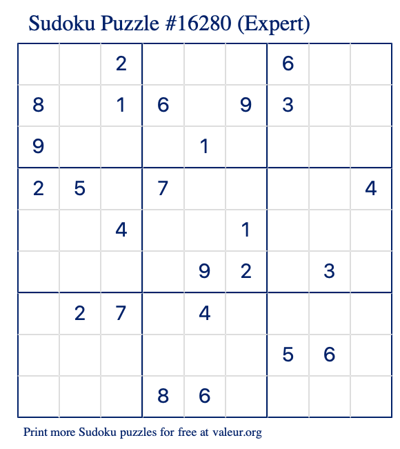 Free Printable Expert Sudoku Puzzle number 16280