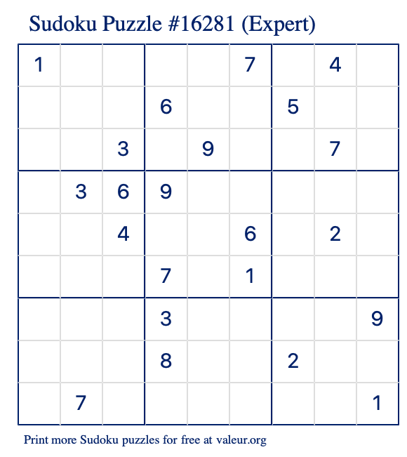 Free Printable Expert Sudoku Puzzle number 16281