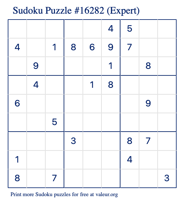 Free Printable Expert Sudoku Puzzle number 16282